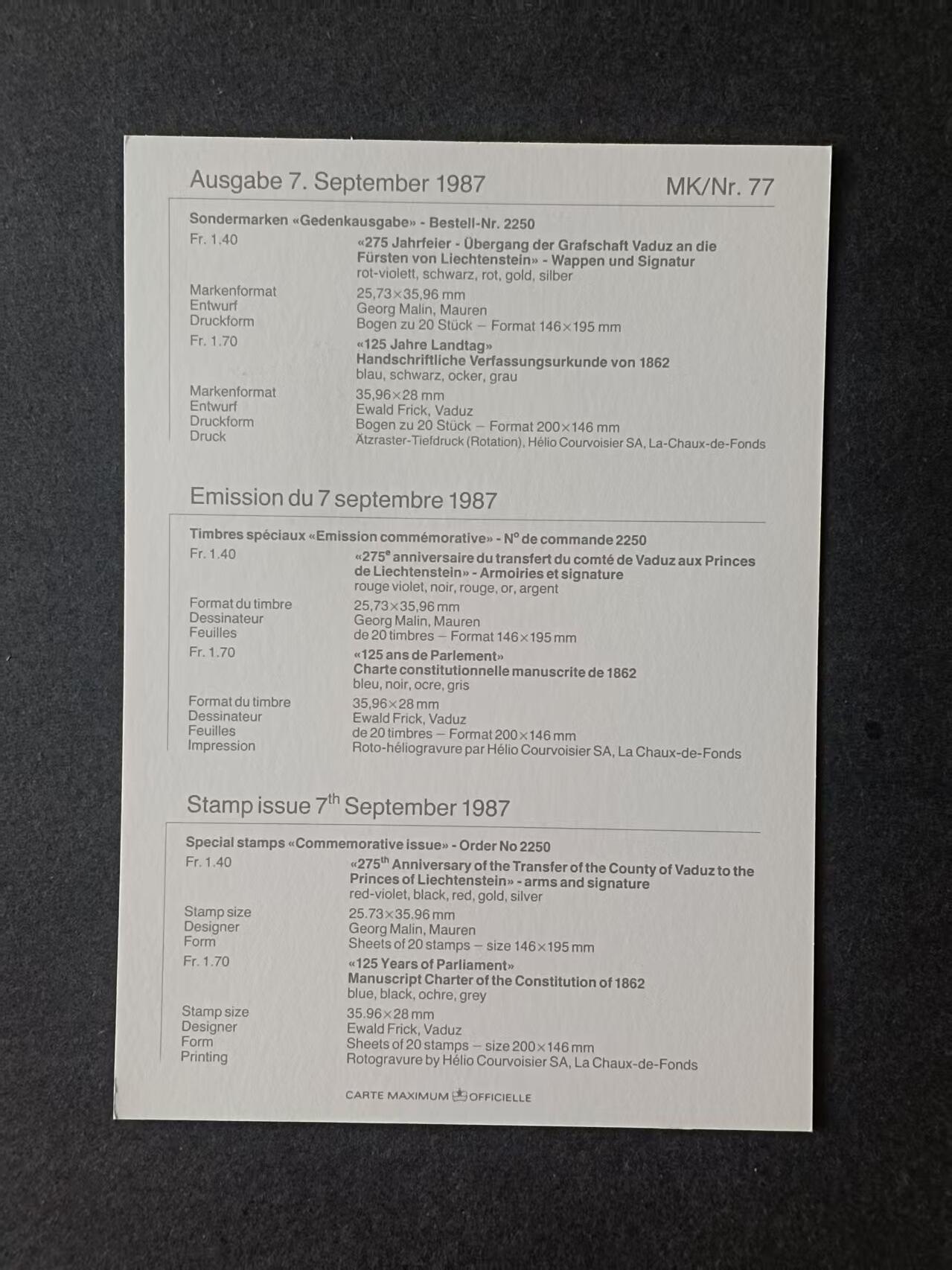 列支敦士登上世纪八十年代成套极限明信片 1987 列支敦士登成套极限明信片   1987.9.7  国会125周年   1全   列支编号MK/NR77
