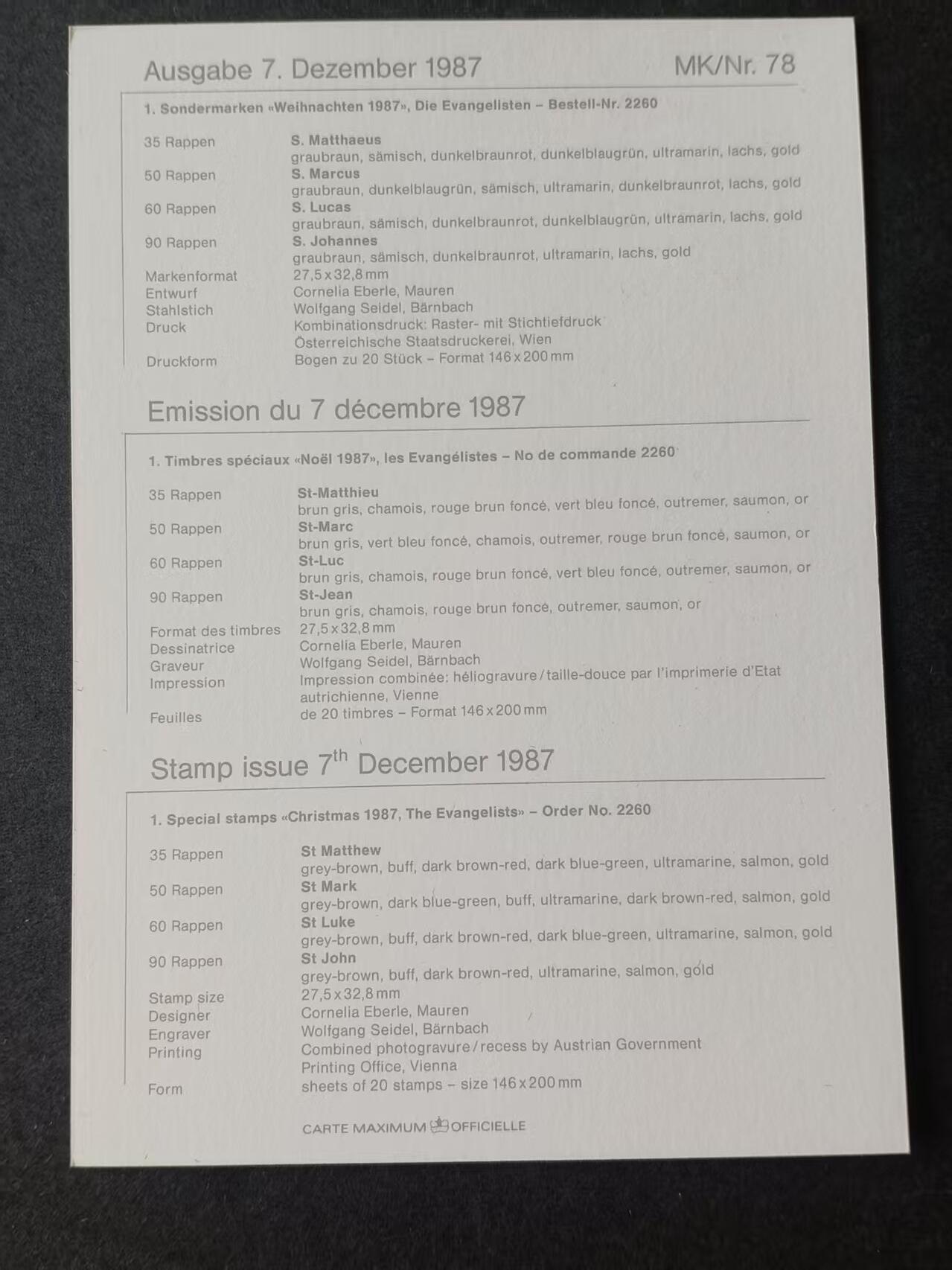 列支敦士登上世纪八十年代成套极限明信片 1987 列支敦士登成套极限明信片   1987.12.7  圣诞四福音著者   4全   列支编号MK/NR78