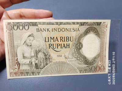 20250611外国纸币专场 - 印度尼西亚1958年5000卢比 牛头水印 美品