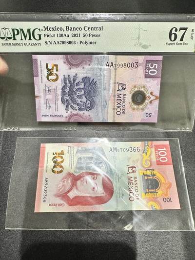 《外钞收藏家》第五百三十五期（本期有金银币、精品评级币）（长期征集拍品、欢迎联系） - 2021年墨西哥50比索 PMG67 AA冠 获奖钞+100比索全新裸币