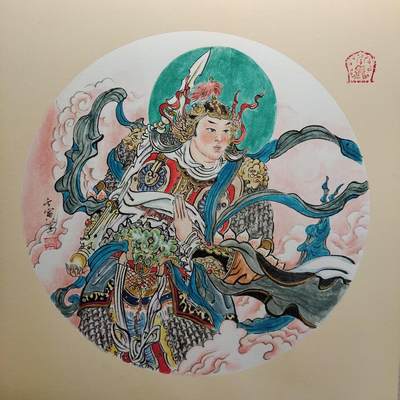 天玑星卡拍第九十五期《恭喜发财》持续收拍收评中 满赠三娘需备注 - 【手绘画】张先军 手绘画 韦陀 尺寸33CM*33CM 图一到图四为绘画过程 图一为最终成品 尺寸过大为保安全 此拍品将到付寄出
