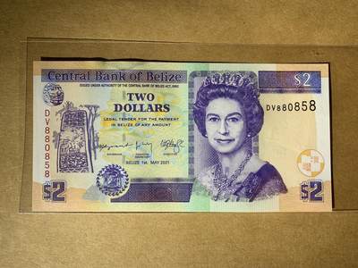 【礼羽收藏】🌏世界钱币拍卖第119期 - 【DV880858】全新UNC 2021年伯利兹2面值纸币 女王钞 无3457尾858 钻石号