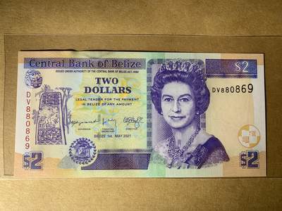 【礼羽收藏】🌏世界钱币拍卖第132期 - 【DV880869】全新UNC 2021年伯利兹2面值纸币 女王钞 无3457尾869 圆圆倒置号