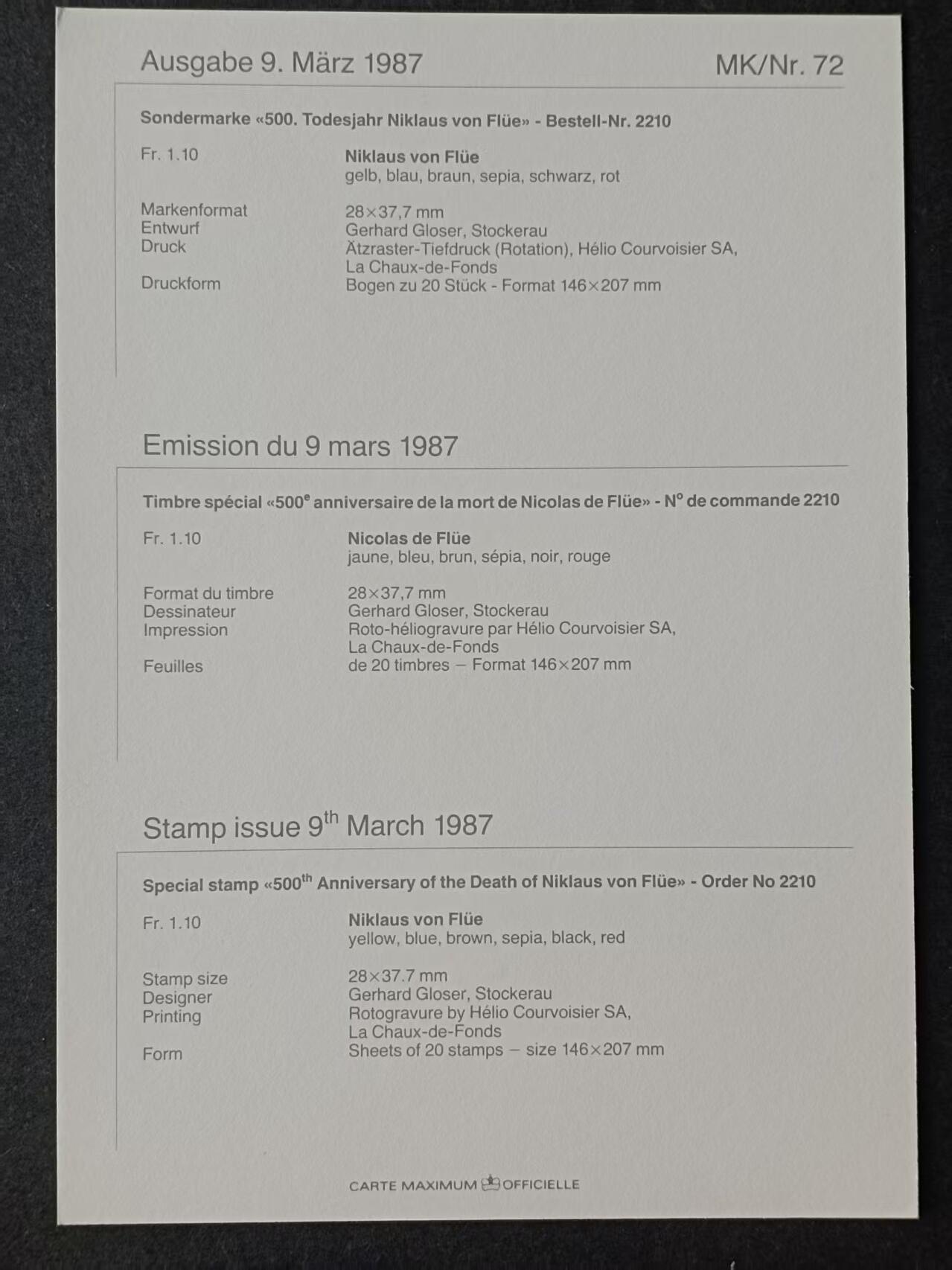 列支敦士登上世纪八十年代成套极限明信片 1987 列支敦士登成套极限明信片   1987.3.9  圣•尼古拉斯逝世500周年   1全 列支编号MK/NR72