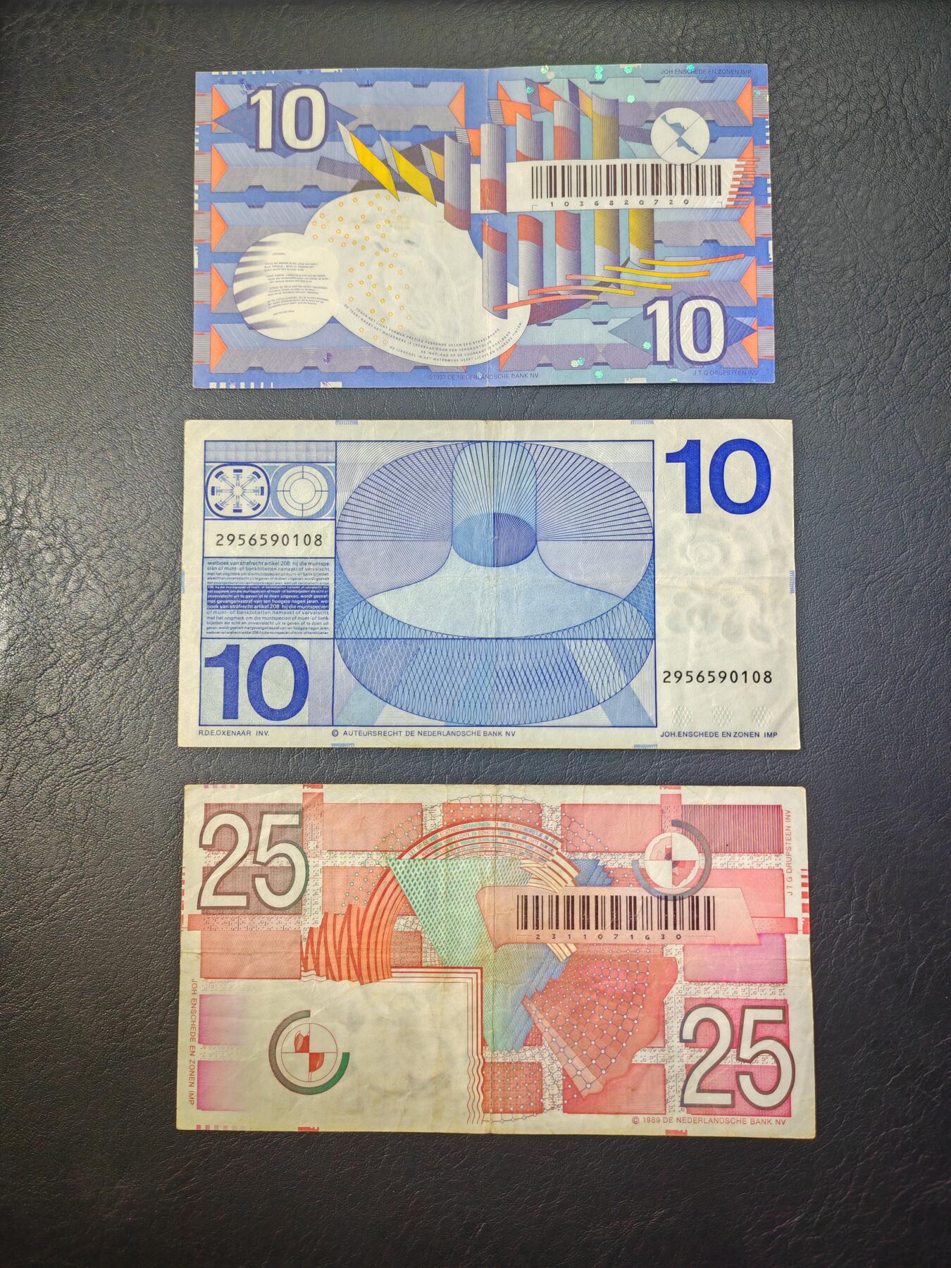 荷兰 纸币 齿轮版 10盾 25盾 人像版 10盾  共三张 非全新