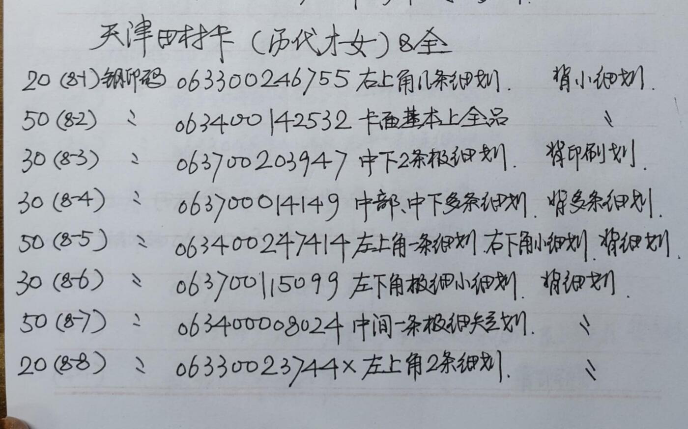 公藏第48期裸卡拍卖 天津田村卡（历代才女）8全品相钢印码见描述。