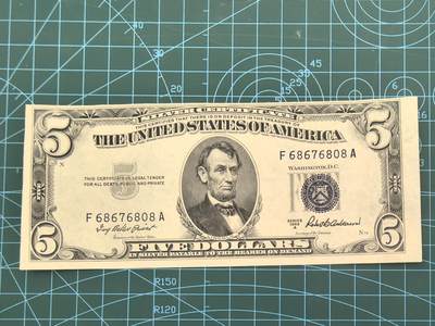 外国钱币专场，0元起拍，5元加价，无佣金 全新UNC   1953年蓝色库印5美元（无4，）