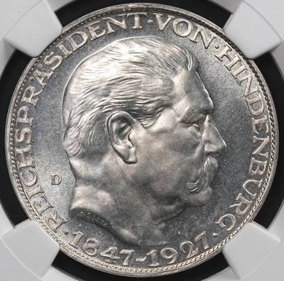 修遠堂世界钱币第七十四期 - NGC MS65 1927德国-兴登堡80大寿5马克型纪念银章