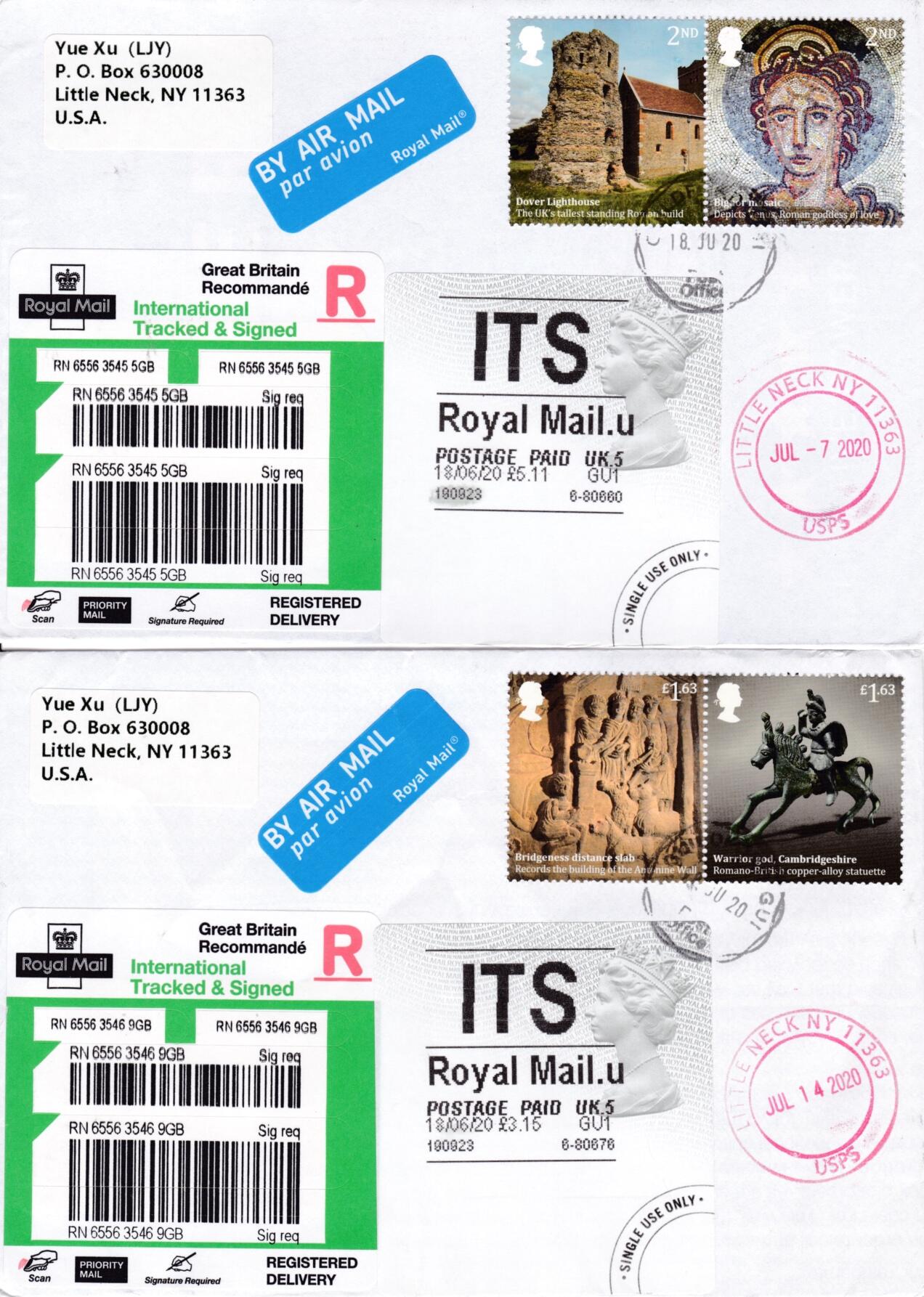 6月19日（周四）20:00中国大陆邮资封片专场（有PF万众一心加贴特11日本挂） 2020英国《罗马不列颠时代》套票 女王头邮资标签补资 首日挂寄美国 一套4枚