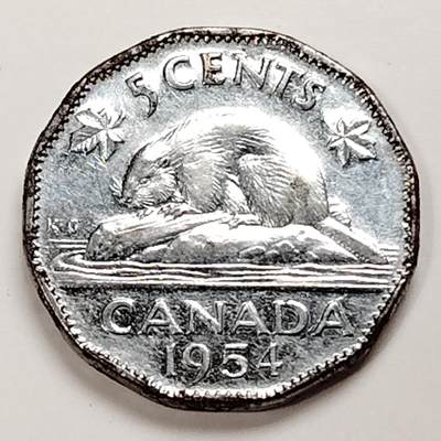 布加迪🐬～世界钱币(上海)🌾第 235 期 /  各国套币和散币 - 加拿大🇨🇦 1954年 5分 钢镀镍