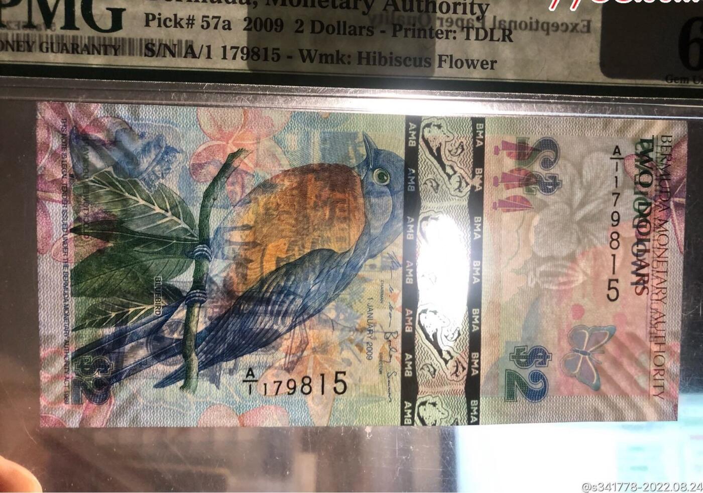 北极狼藏苑社（85） 1374①√-百慕大2元蓝鸟钞纸币获奖币2009年A1冠‘PMG65EPQ