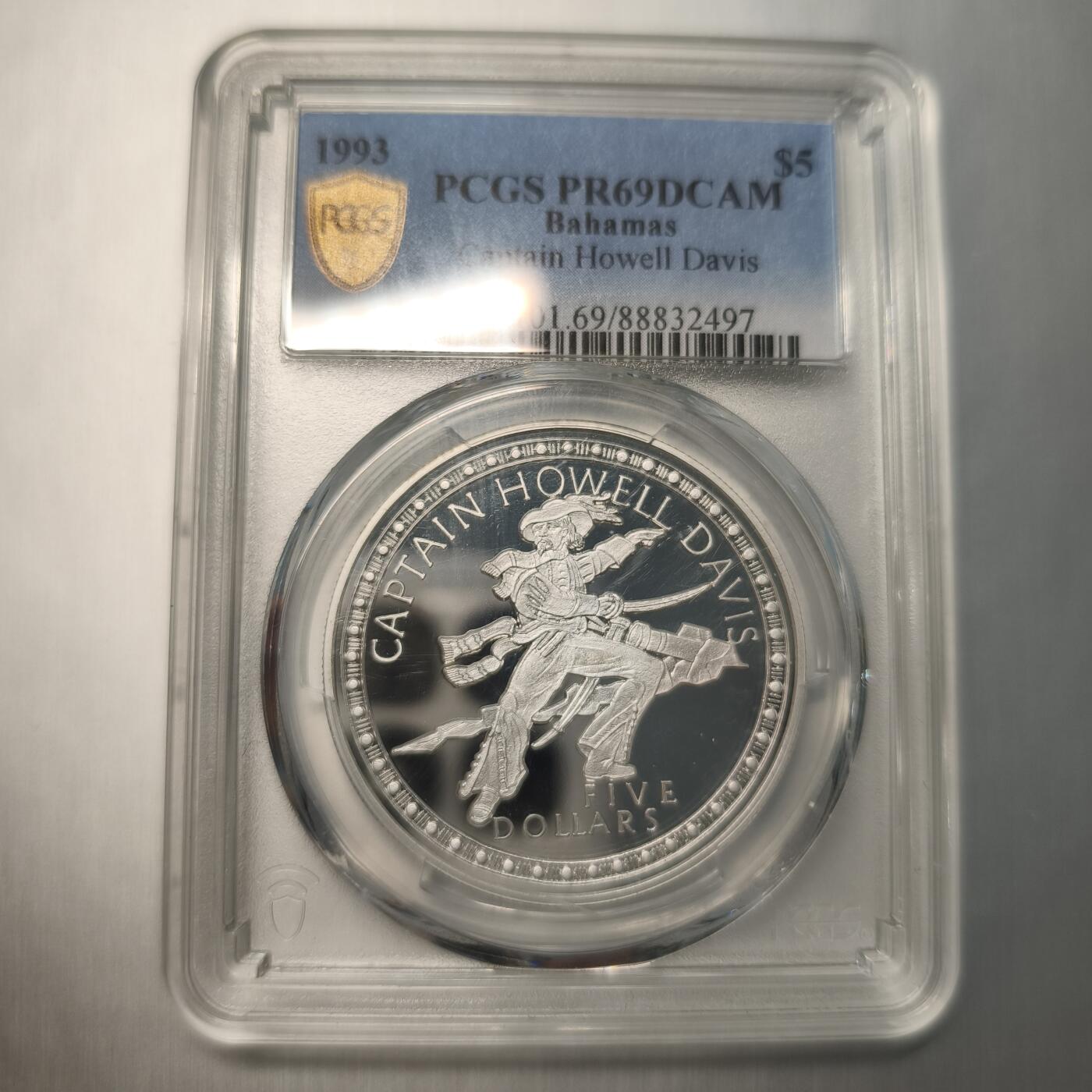 Krab外币市集Vol.12A PCGS MS69DCAM 巴哈马1993年5元精制银币-戴维斯船长