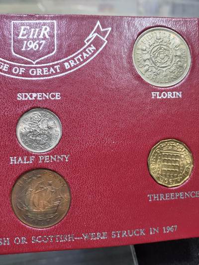 外币收藏 英国1967年十二进制硬币(关门币)套装，半便士、1便士、3便士、6便士、2先令、半克朗6枚全套，原盒装