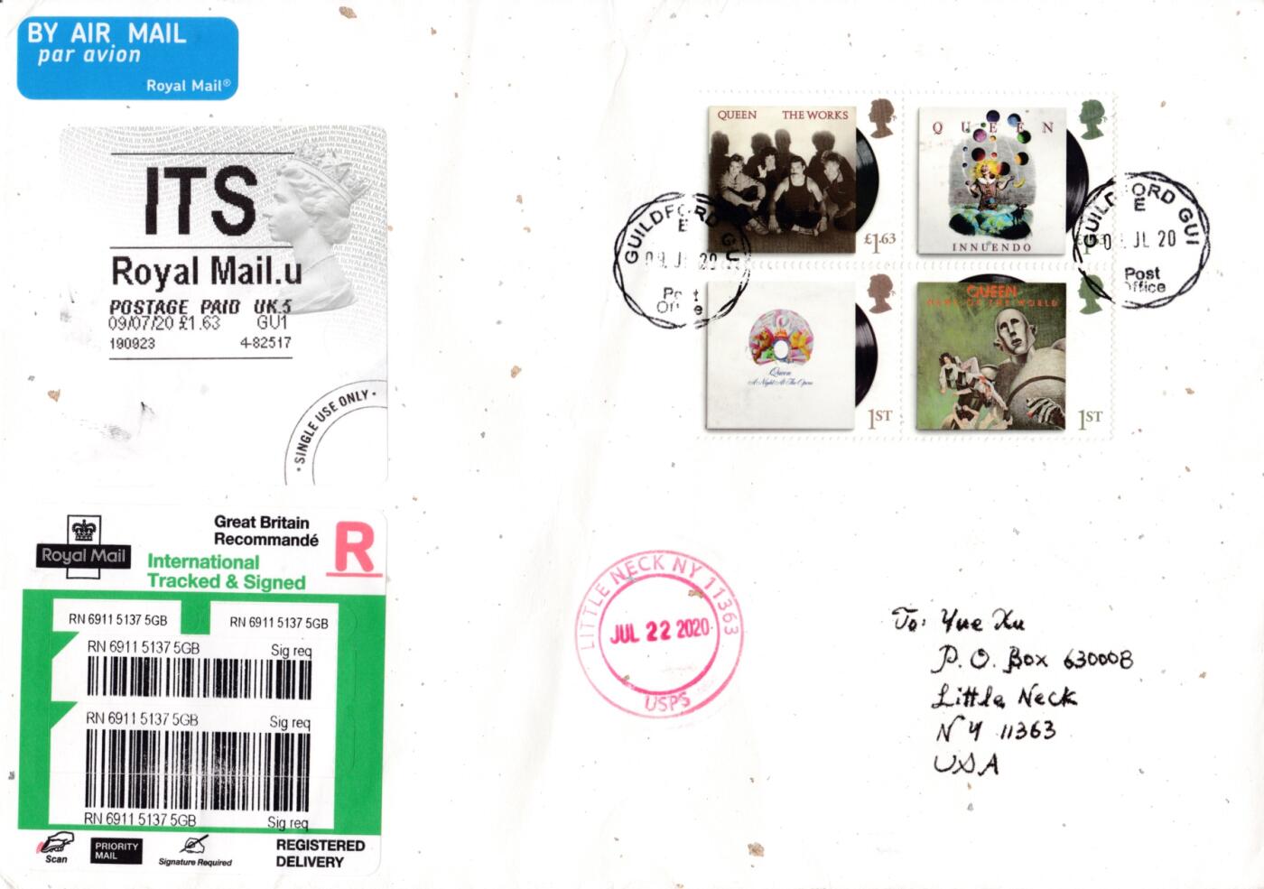 6月19日（周四）20:00中国大陆邮资封片专场（有PF万众一心加贴特11日本挂） 2020英国《皇后乐队》套票 女王头邮资标签补资 首日挂寄美国 一套2枚