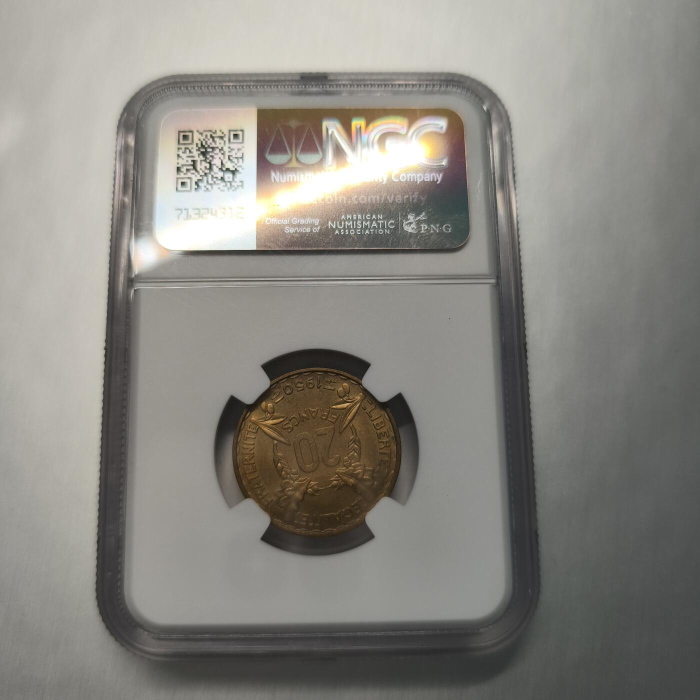 Krab外币市集Vol.12A NGC MS65 法国1950年20法郎样币