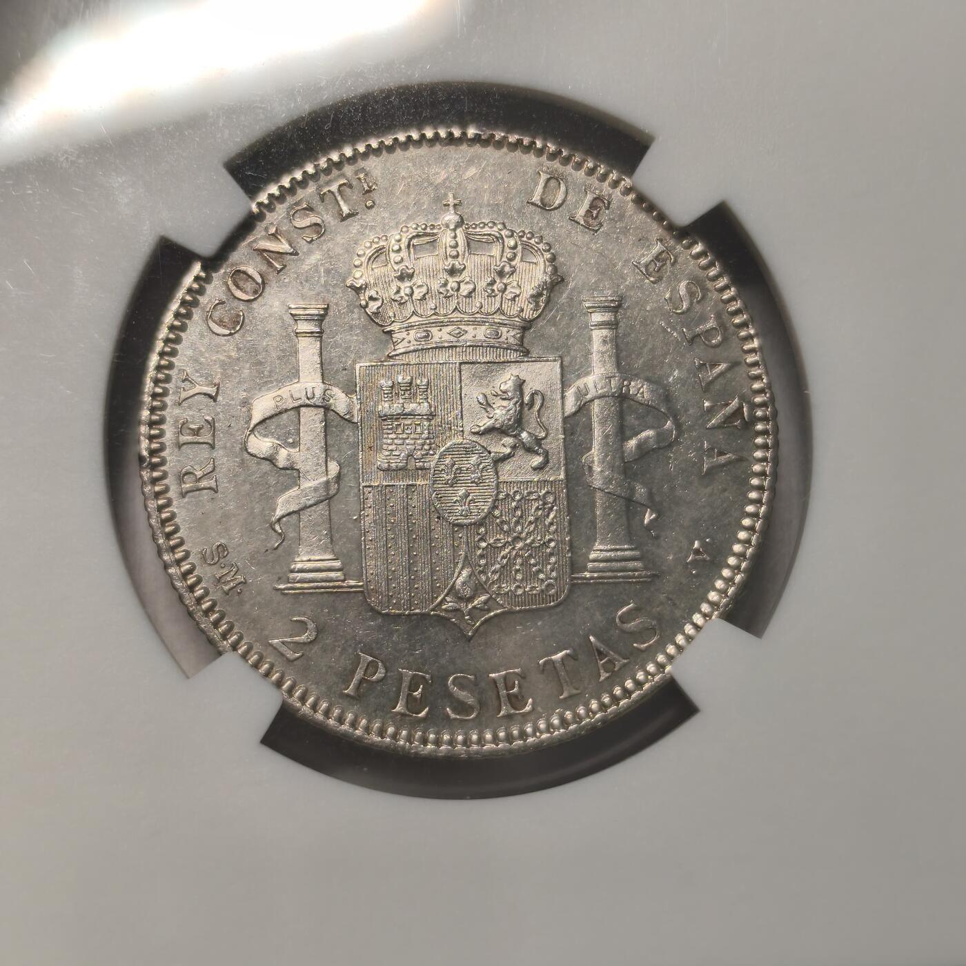 Krab外币市集Vol.12A NGC MS61 西班牙1905（05）年2比塞塔银币