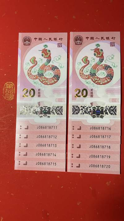 2025年贰拾圆 蛇年贺岁纪念钞 【J086818711-720】标十