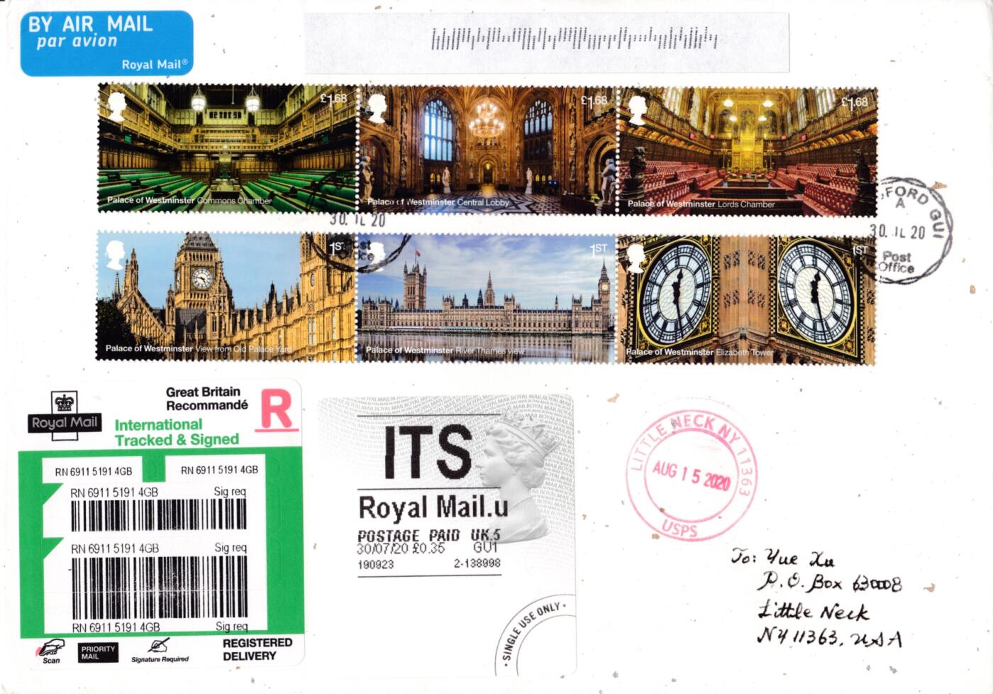 6月19日（周四）20:00中国大陆邮资封片专场（有PF万众一心加贴特11日本挂） 2020英国《威斯敏斯特宫》套票 女王头邮资标签补资 和纸信封首日挂寄美国 一套一枚