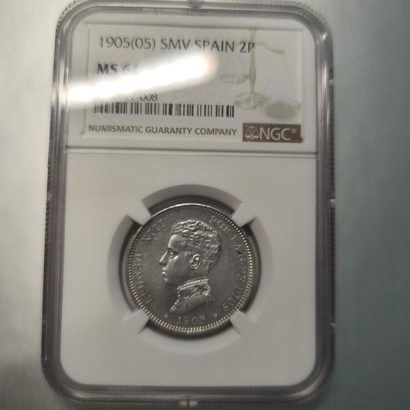 Krab外币市集Vol.12A NGC MS61 西班牙1905（05）年2比塞塔银币