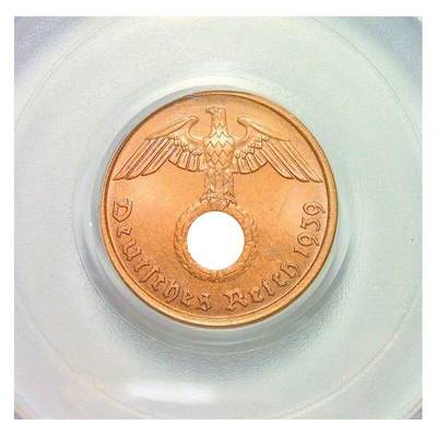 PCGS MS64RB 德国第三帝国1939年G版2芬尼 难得开卷原光 - PCGS MS64RB 德国第三帝国1939年G版2芬尼 难得开卷原光