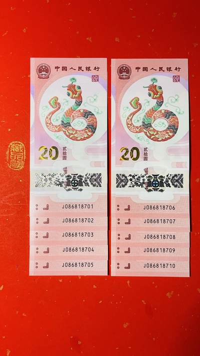 2025年贰拾圆 蛇年贺岁纪念钞 【J086818701-710 】标十