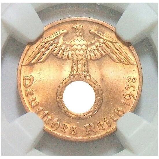 NGC MS64RD 德国第三帝国1938年F版1芬尼 难得开卷原光