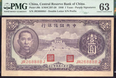 恩福第2025年春季拍卖会 - 民国二十九年（1940年）中央储备银行壹圆，紫色签名版，全偶狮子号“268888”，PMG63