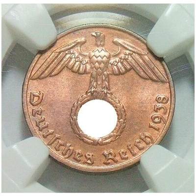 NGC MS65RB 德国第三帝国1938年E版1芬尼 难得开卷原光 - NGC MS65RB 德国第三帝国1938年E版1芬尼 难得开卷原光