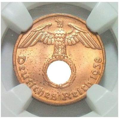 NGC MS64RD 德国第三帝国1938年D版1芬尼 难得开卷原光 - NGC MS64RD 德国第三帝国1938年D版1芬尼 难得开卷原光