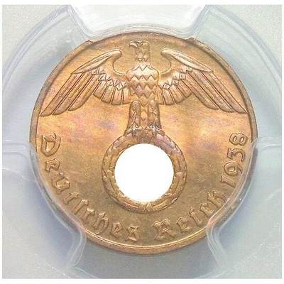 金盾PCGS MS65RB 德国第三帝国1938年J版1芬尼 难得开卷原光 - 金盾PCGS MS65RB 德国第三帝国1938年J版1芬尼 难得开卷原光