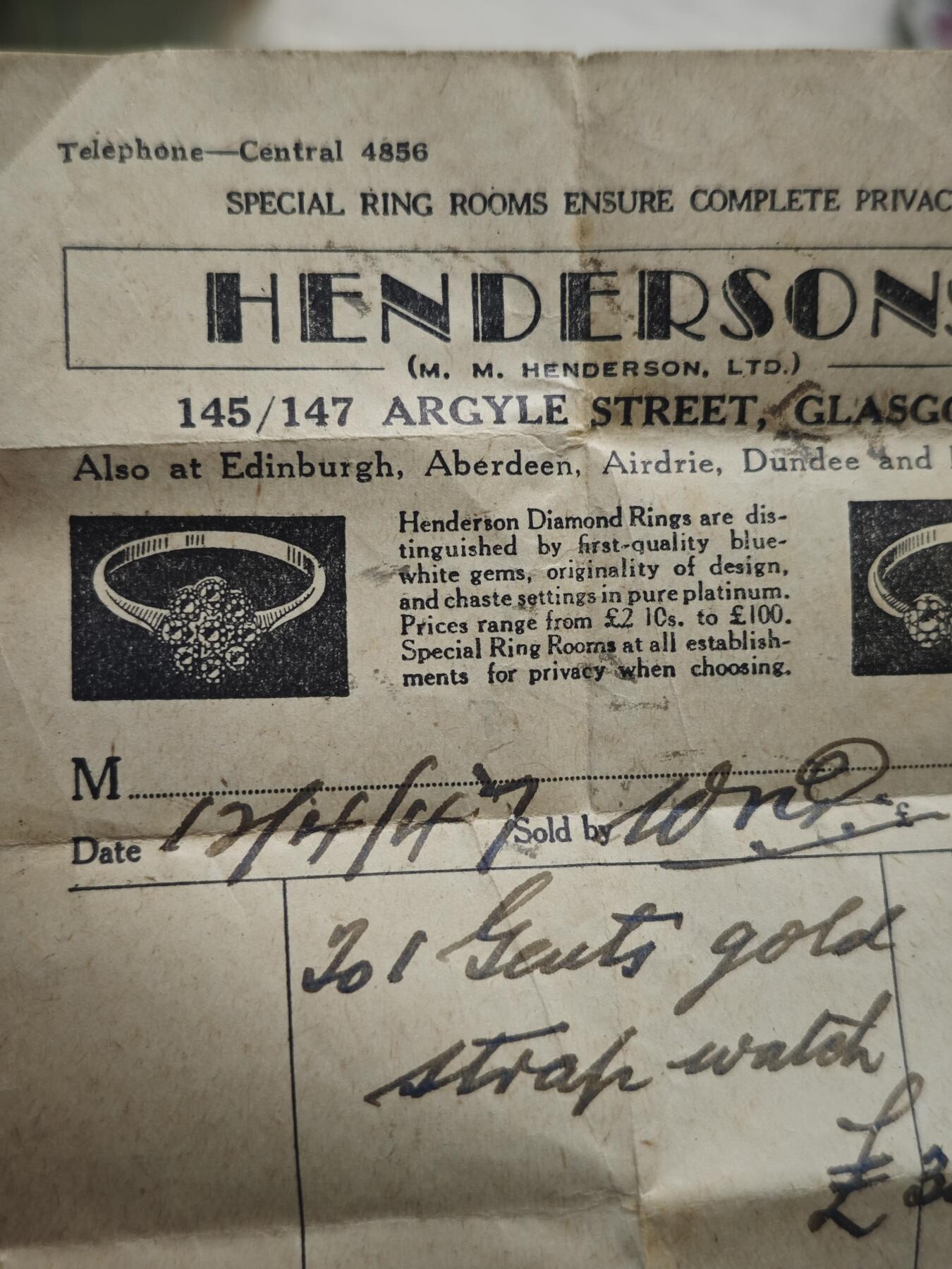 丝路的贵霜小店•暑期大回归•「第7期」 HENDERSONS店的收据，1947年，售出一只男士皮带款金表，30英镑（按购买力算约等于现在的£1,300–£1,500），收据这种ephemera十分不好保存