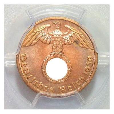 金盾PCGS MS65RD 德国第三帝国1939年E版1芬尼 难得开卷原光 - 金盾PCGS MS65RD 德国第三帝国1939年E版1芬尼 难得开卷原光