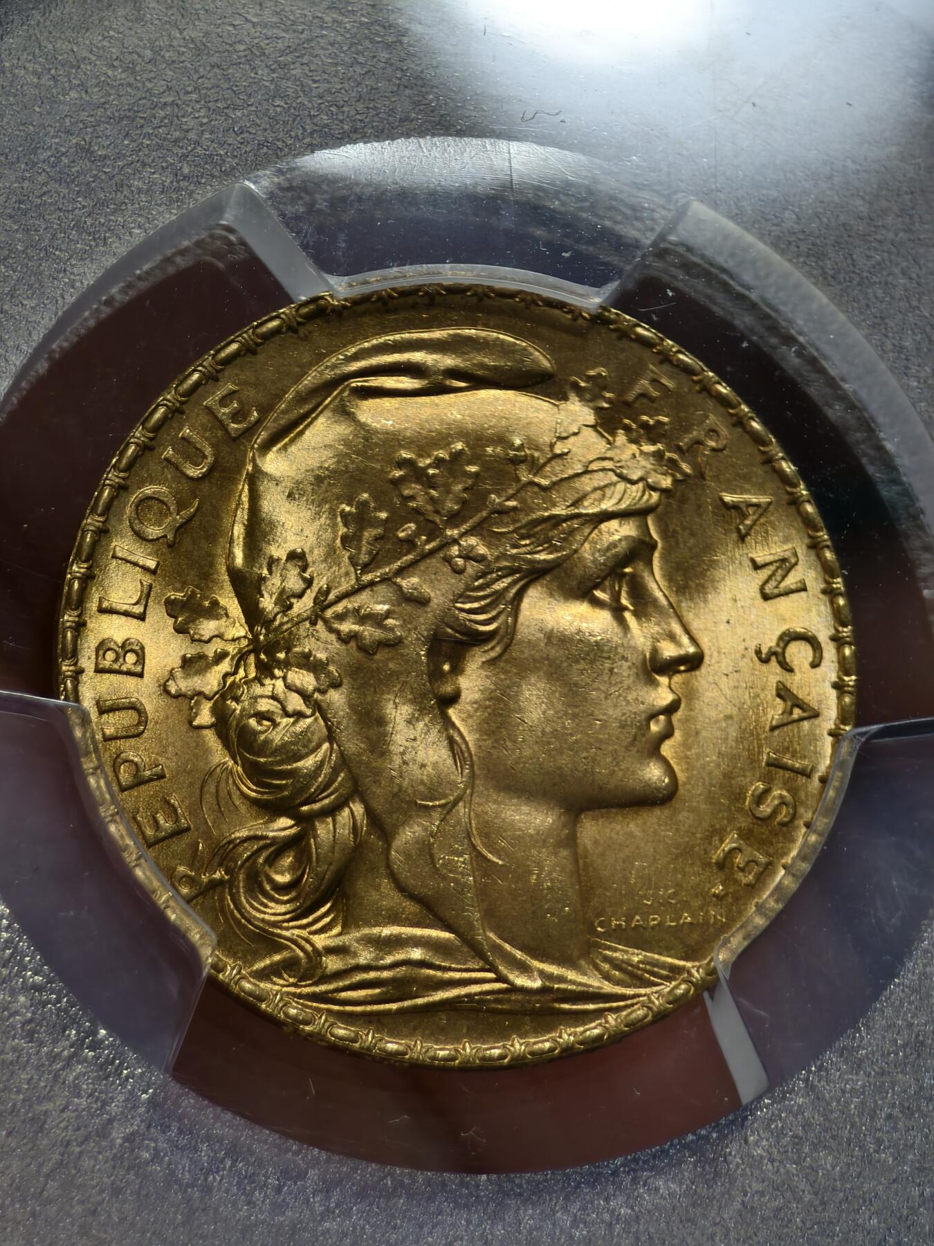PCGS-MS67法国1909年高卢雄鸡玛丽安娜20法郎金币