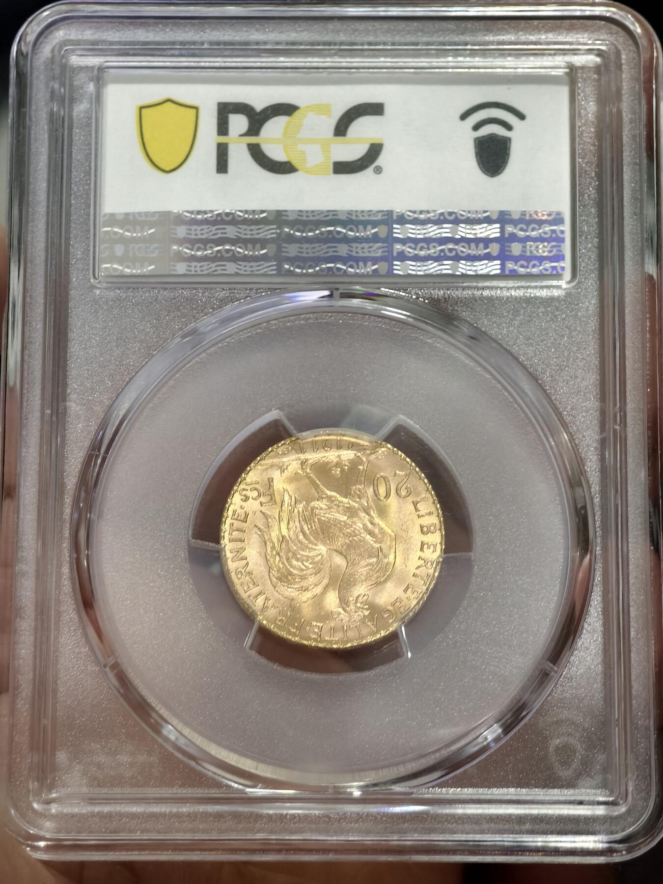 PCGS-MS66+法国1911年高卢雄鸡玛丽安娜20法郎金币