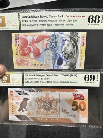 《外钞收藏家》第五百三十七期（本期有精品港币、高分日元）（长期征集拍品、欢迎联系） - 东加勒比40 纪念钞 AA冠+特里达尼亚和多巴哥50 TQG评级68、69 都是无47靓号