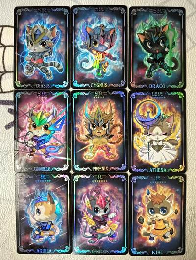 花开卡拍第26期（品控勿拍!!!收拍品，不寄存，运费5元，自制卡难免瑕疵，可能存在轻微撞角爆边等出厂瑕疵，品控介意勿拍！） - 骁骑营 猫猫圣斗士 彩闪9张