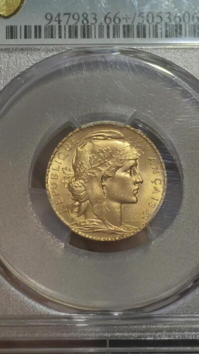 PCGS-MS66+法国1911年高卢雄鸡玛丽安娜20法郎金币