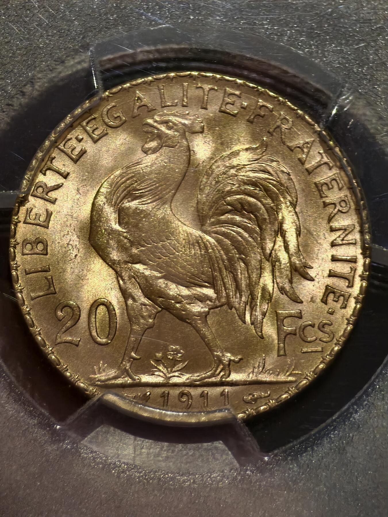 PCGS-MS66+法国1911年高卢雄鸡玛丽安娜20法郎金币