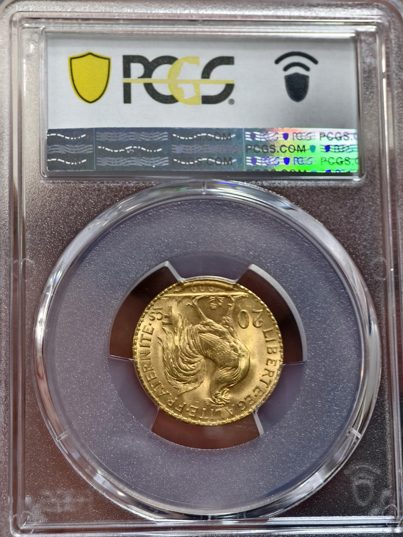 PCGS-MS67法国1909年高卢雄鸡玛丽安娜20法郎金币