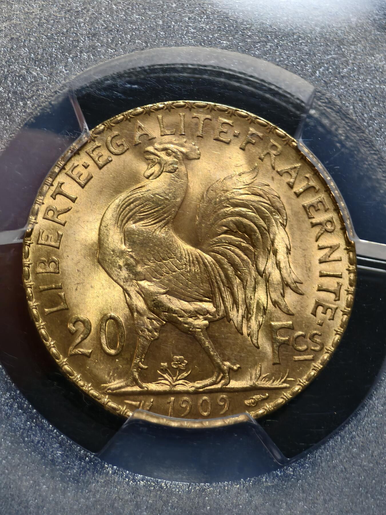 PCGS-MS67法国1909年高卢雄鸡玛丽安娜20法郎金币