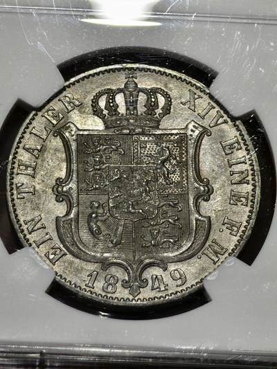 NGC-MS63德国1849年汉诺威王国1泰勒银币 NGC-MS63德国1849年汉诺威王国1泰勒银币