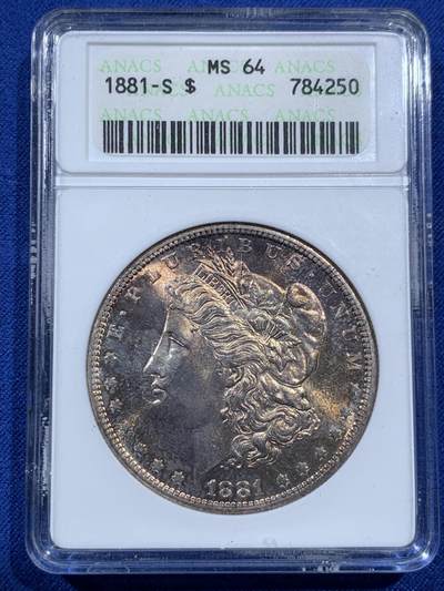 《竞宝斋》第392场 周日，周一，周二，3场连拍 （全场包邮） - ANACS MS64 美国 1881-S 摩根 OH 鹰面环状鲜红包浆