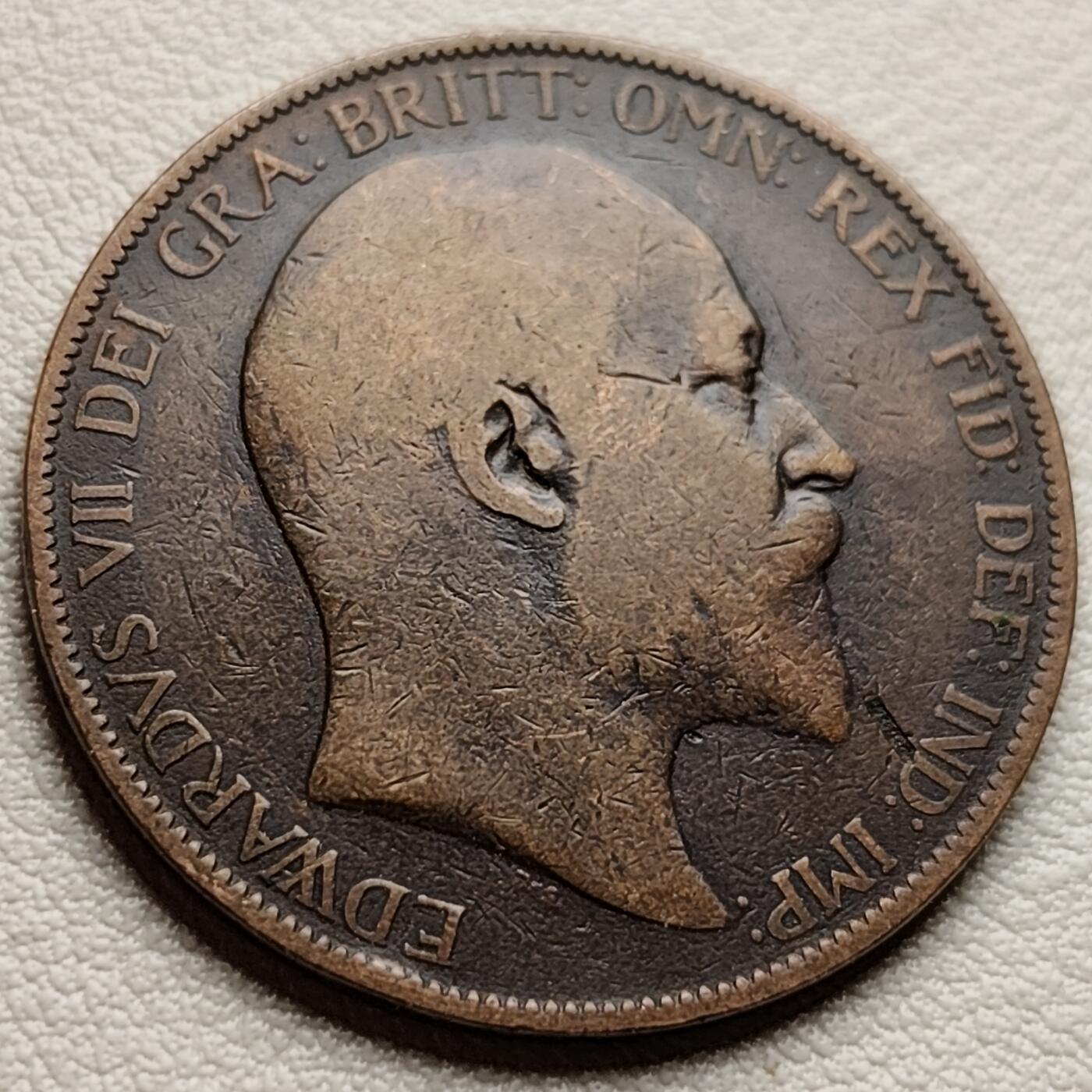 泉币菌-第38场-各国散币 英国早期1906年 爱德华七世一便士 大铜币 31mm 不列颠女神