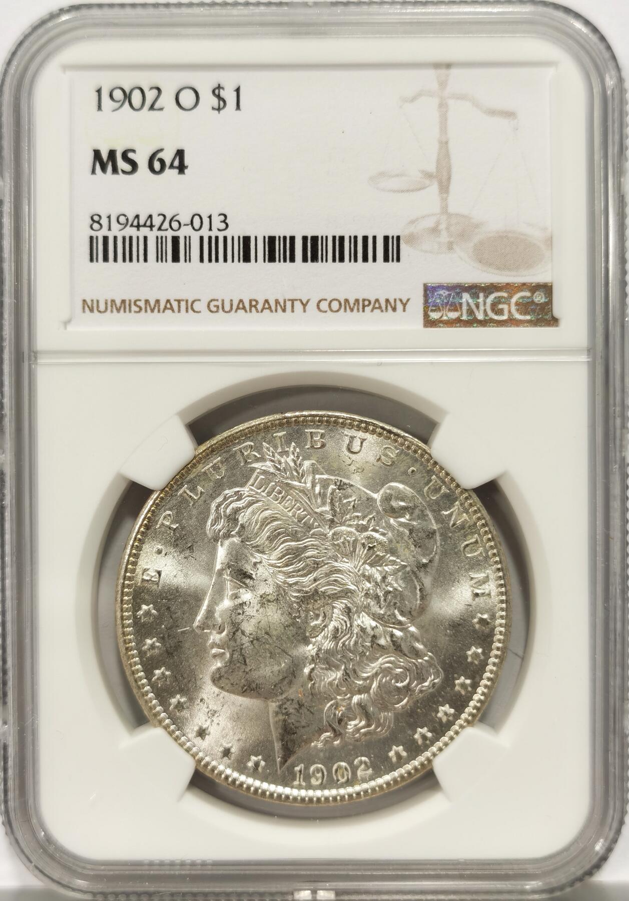 【麦稀奇收藏嘉年华】 博洋堂美国及美洲钱币专场拍卖②暨第127期（全场包邮） NGC MS64 美国1902年O版摩根银币，币面干净利落，非常漂亮