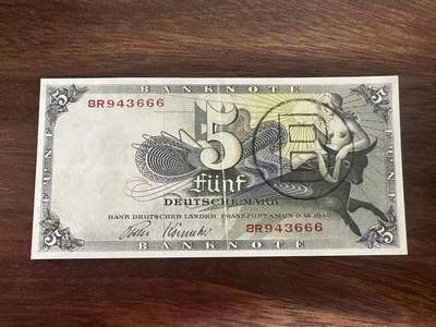 喜羊羊钱币收藏2025第4期高性价比回馈场（第一场）（众多稀有品种高性价比精品纸钞） - 	德国	P-13f 1948年5马克		豹子号，AU				BR943666	