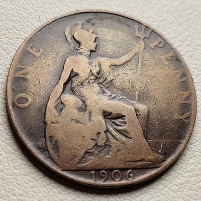 泉币菌-第38场-各国散币 - 英国早期1906年 爱德华七世一便士 大铜币 31mm 不列颠女神