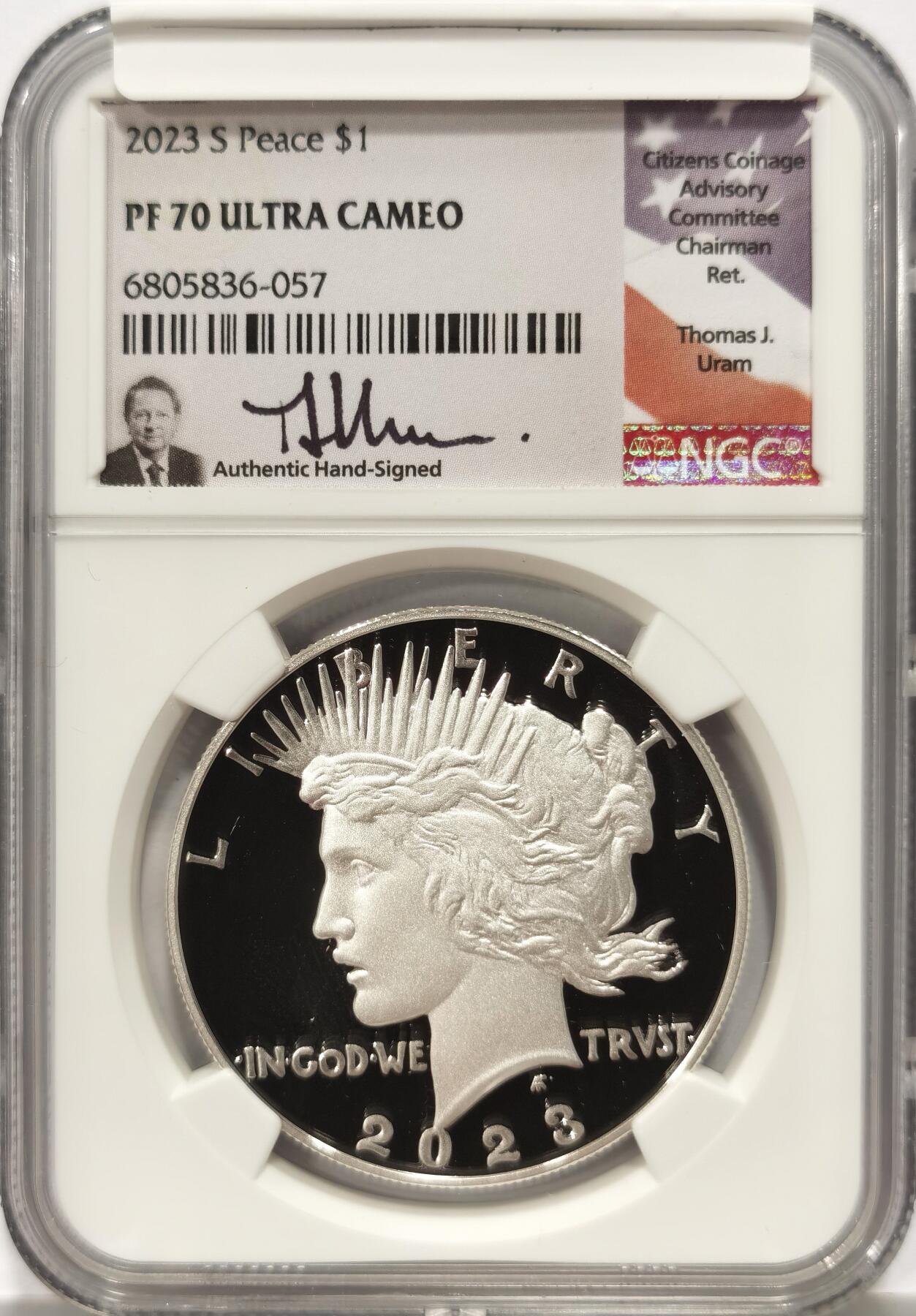 【麦稀奇收藏嘉年华】 博洋堂美国及美洲钱币专场拍卖②暨第127期（全场包邮） NGC PF70UC 美国2023年S版和平复刻精制1美元精制银币，罕见70分满分精制币，公民铸币咨询委员会主席Thomas J. Uram签名特殊标签7