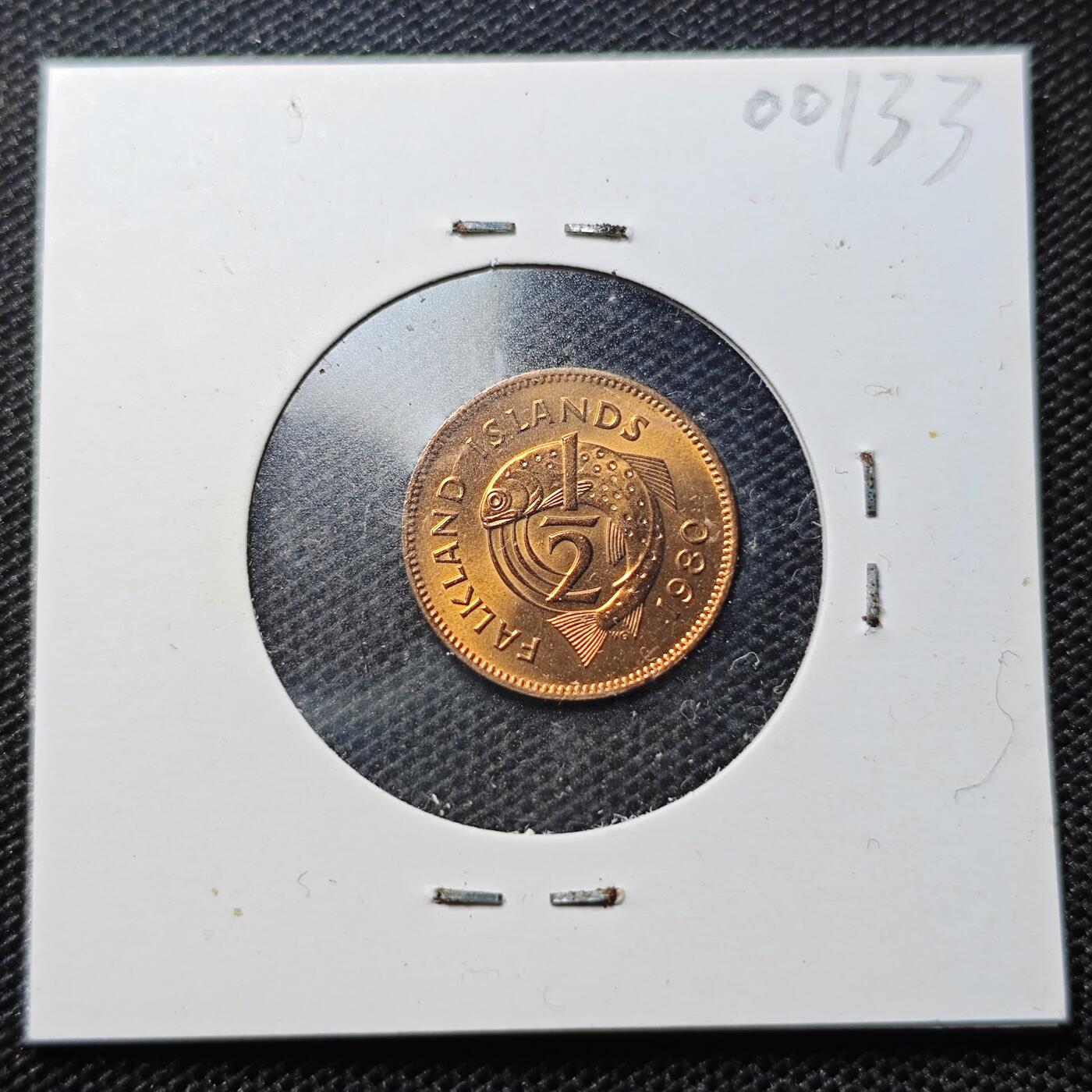KK钱币收藏小铺 第300期 百期特拍3连拍第2场  周末发货  1980福克兰群岛1/2便士铜币 好品