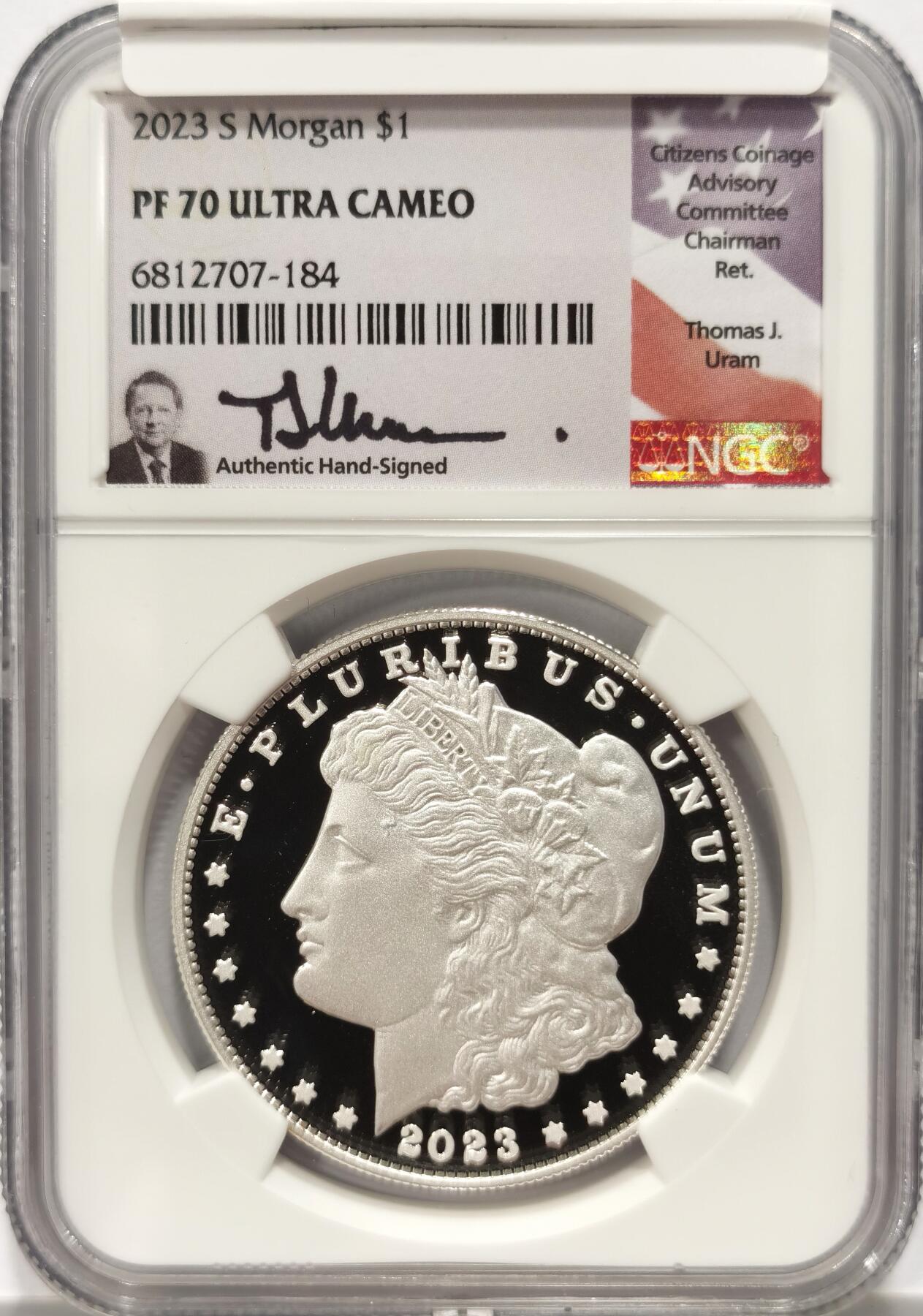 【麦稀奇收藏嘉年华】 博洋堂美国及美洲钱币专场拍卖②暨第127期（全场包邮） NGC PF70UC 美国2023年S版摩根复刻精制1美元精制银币，罕见70分满分精制币，公民铸币咨询委员会主席Thomas J. Uram签名特殊标签20