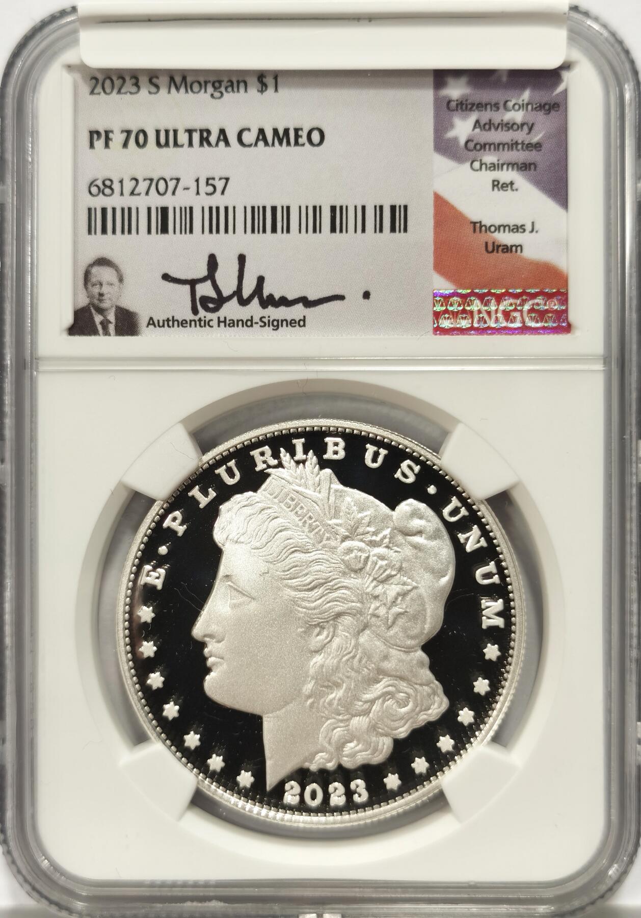 【麦稀奇收藏嘉年华】 博洋堂美国及美洲钱币专场拍卖②暨第127期（全场包邮） NGC PF70UC 美国2023年S版摩根复刻精制1美元精制银币，罕见70分满分精制币，公民铸币咨询委员会主席Thomas J. Uram签名特殊标签7